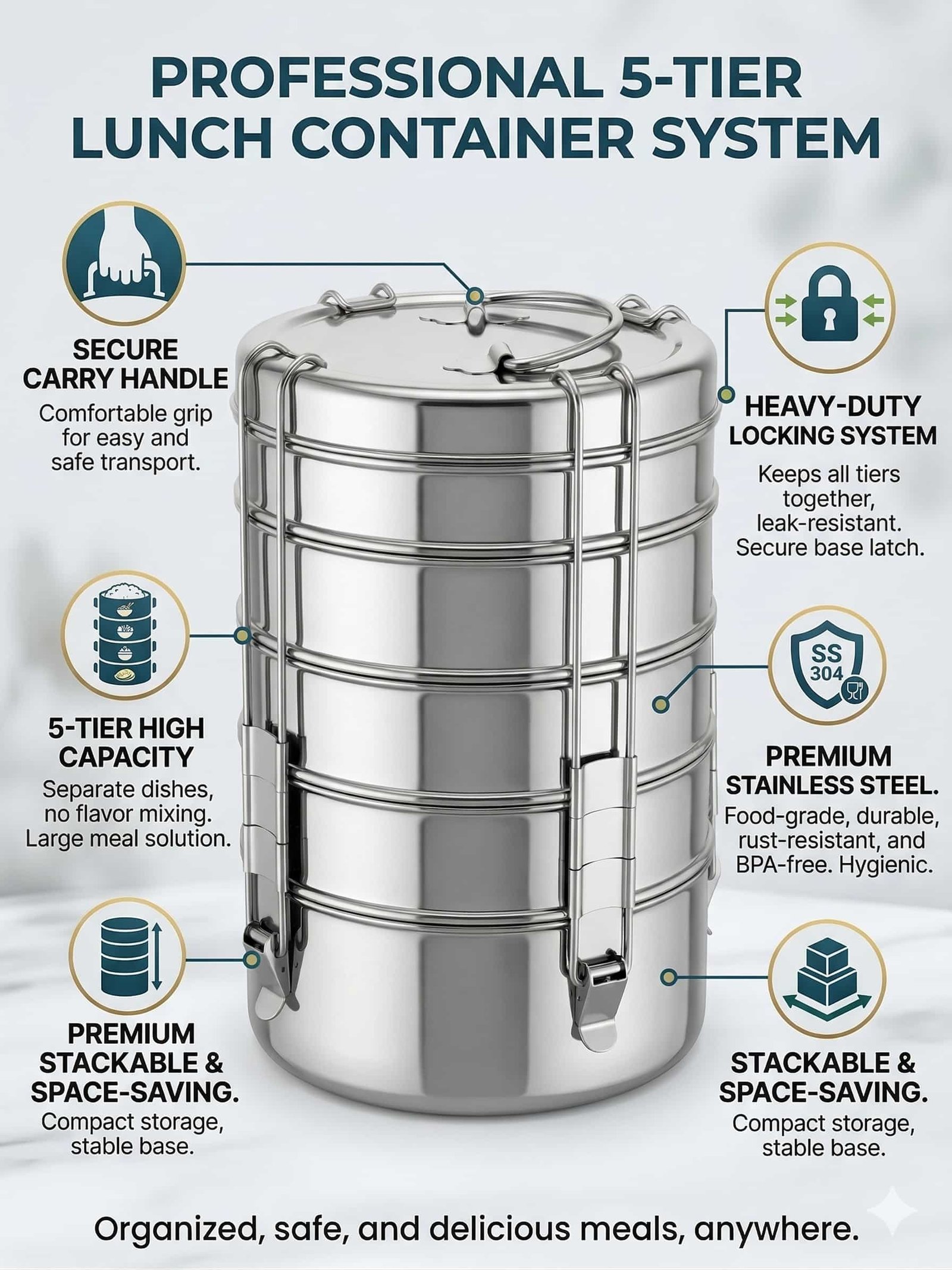 Stainless Steel 5 Compartment Lunch Box Set (7500 ml) | 5 Containers Leakproof Office Tiffin