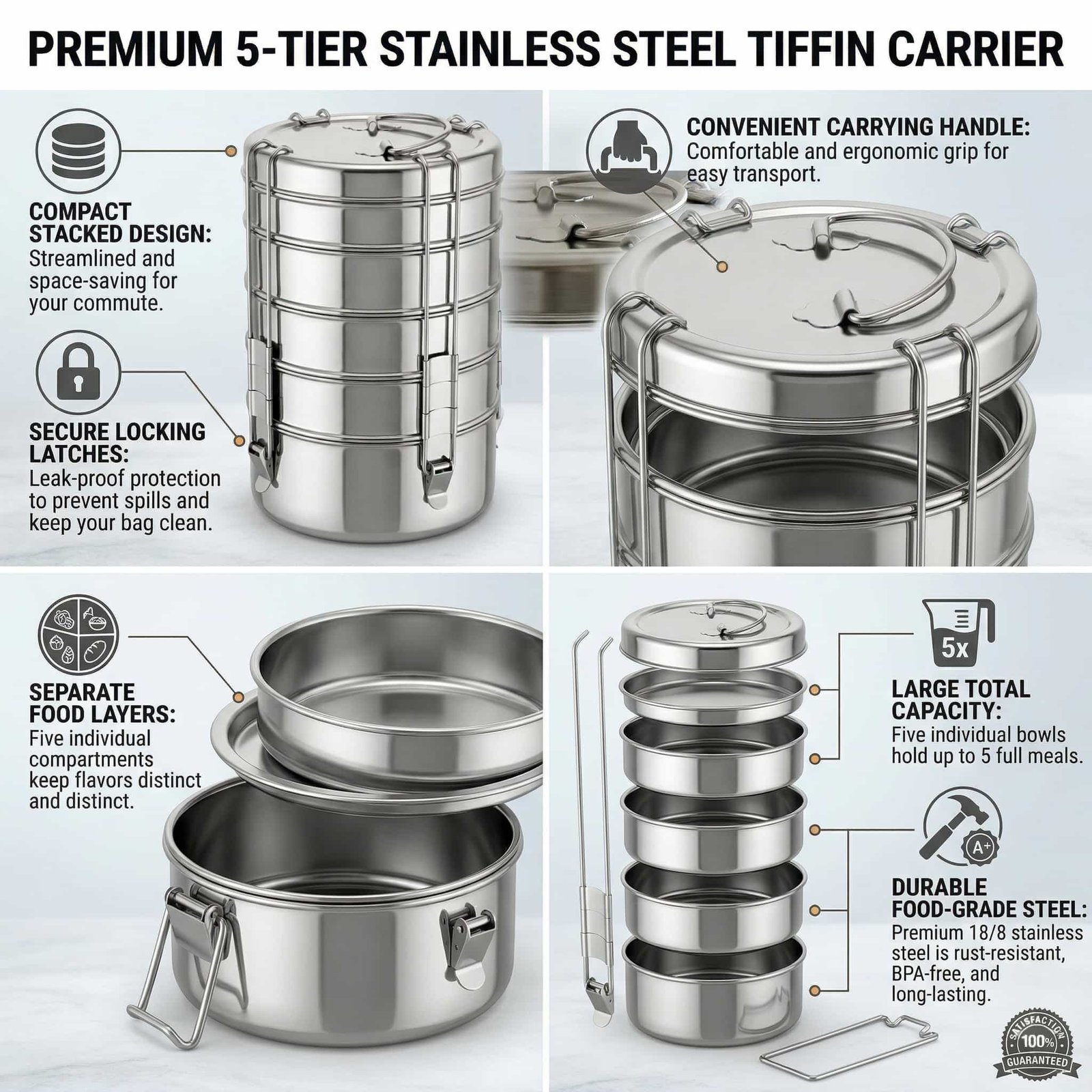 Stainless Steel 5 Compartment Lunch Box Set (7500 ml) | 5 Containers Leakproof Office Tiffin