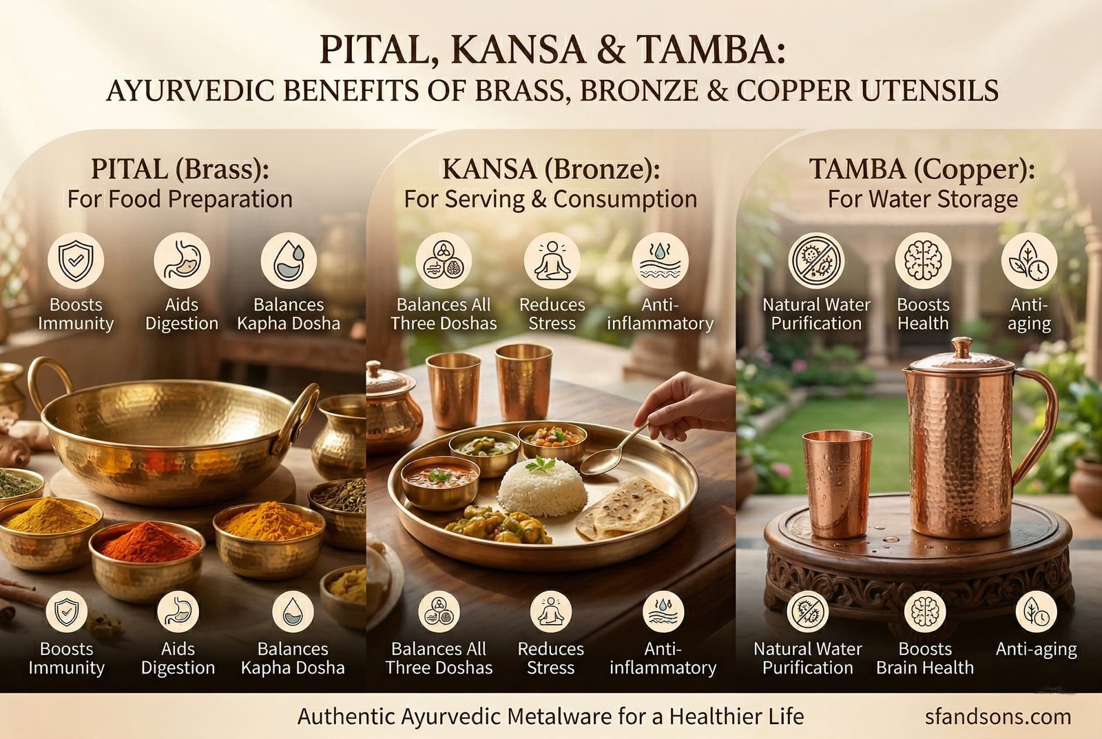 Pital, Kansa & Tamba: Ayurvedic Benefits of Brass, Bronze & Copper Utensils