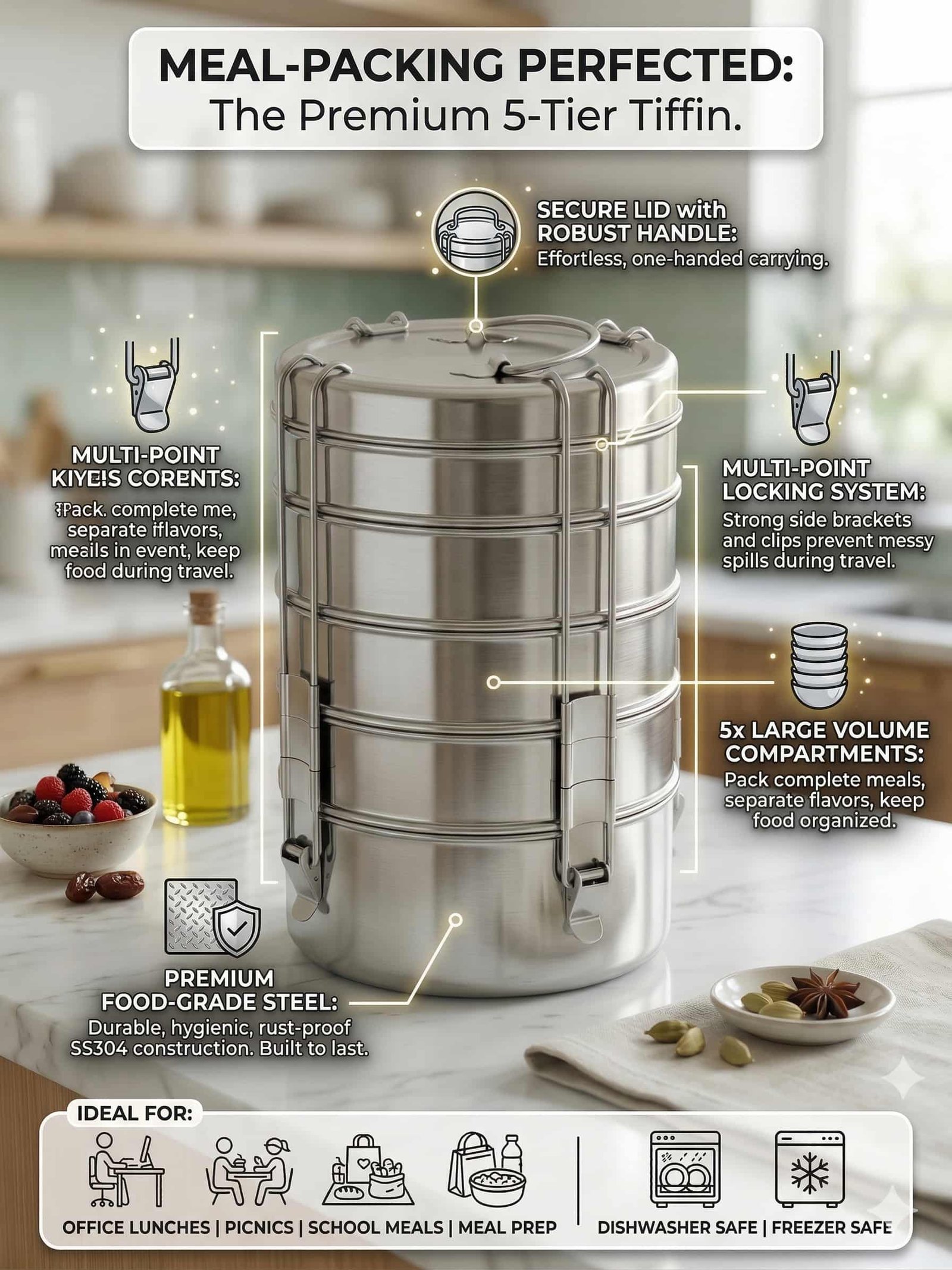 Stainless Steel 5 Compartment Lunch Box Set (7500 ml) | 5 Containers Leakproof Office Tiffin