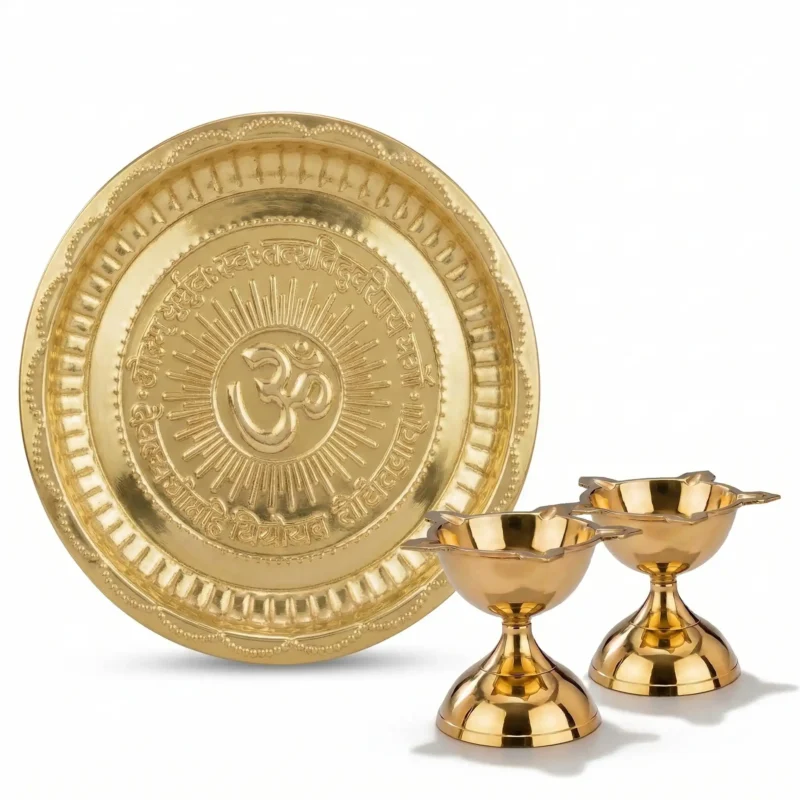 SF Om Brass Puja Thali Diya Combo Brass (3 Pieces, Gold)
