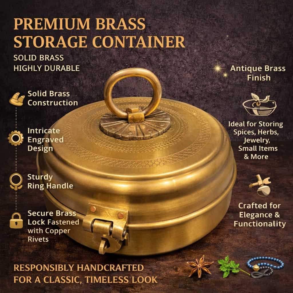Brass Antique Masala Box with Lid – 2-in-1 Traditional Spice Container & Storage Box
