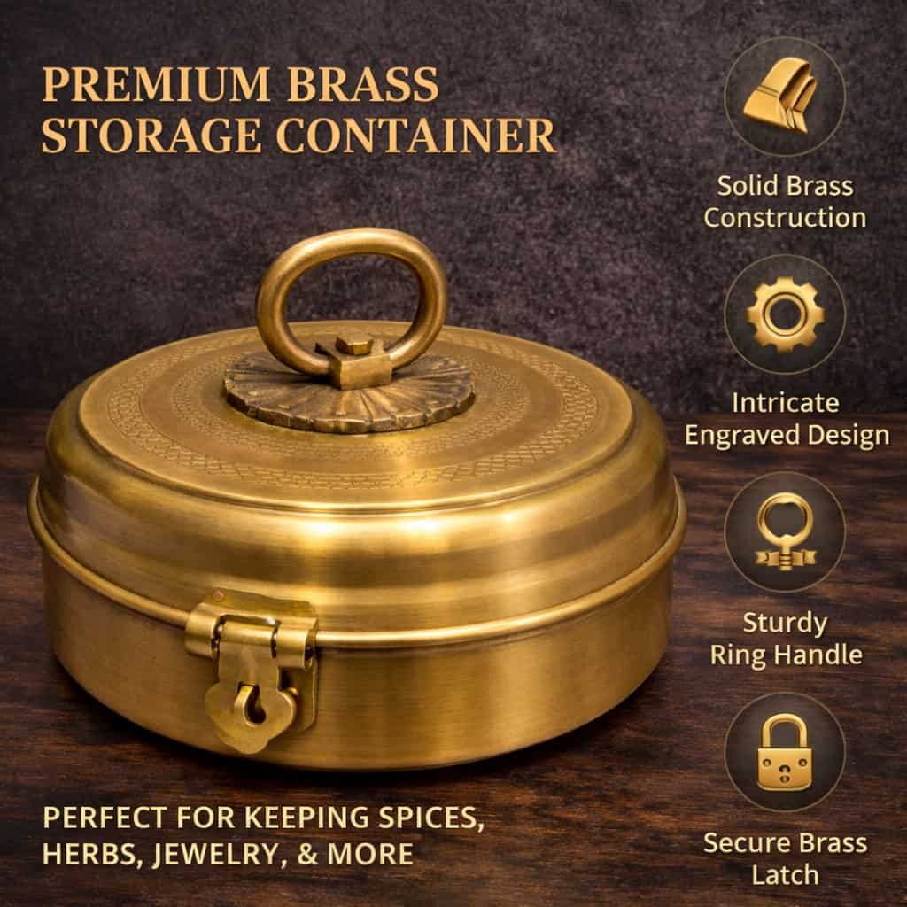 Brass Antique Masala Box with Lid – 2-in-1 Traditional Spice Container & Storage Box
