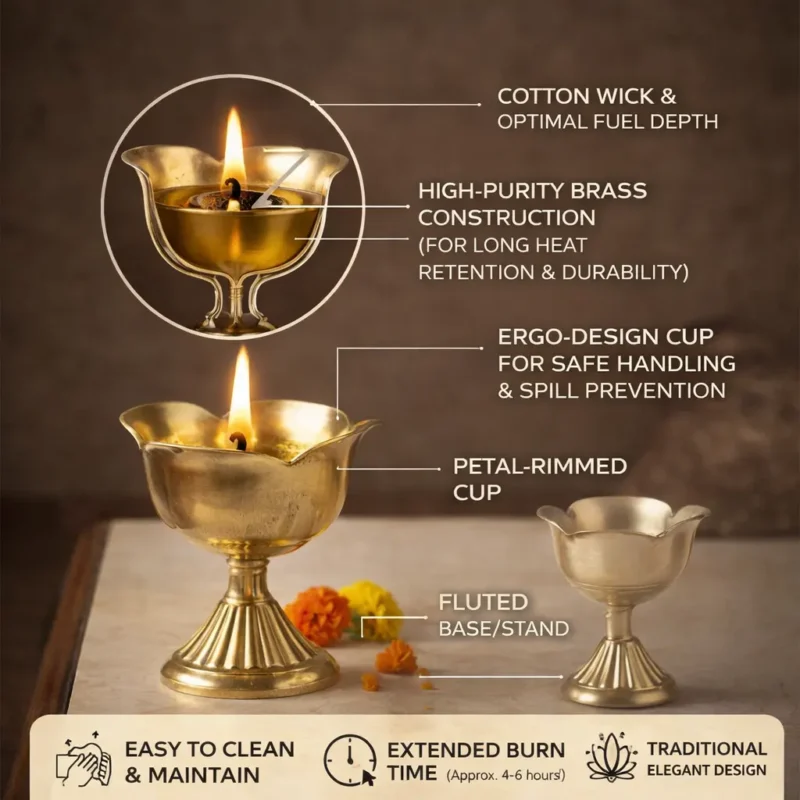 Brass Lotus Deep Diya, Traditional Oil Lamp for Pooja (Pack of 2)