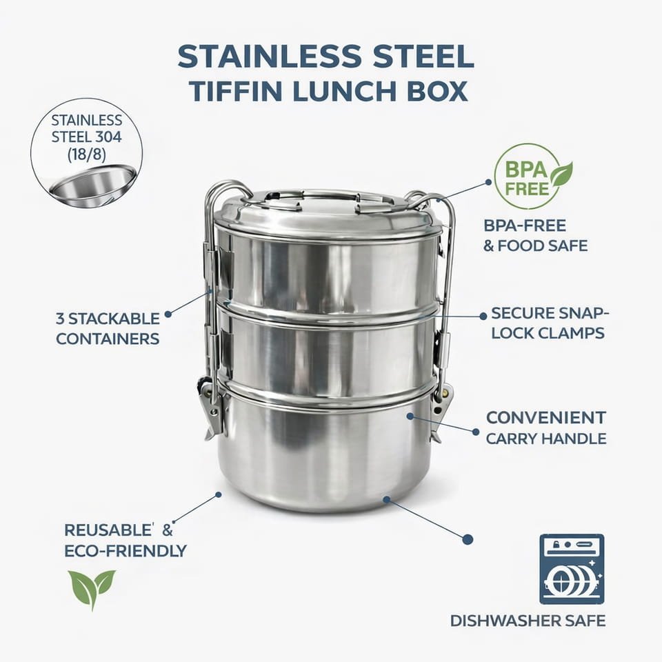 Stainless Steel Lunch Box 3 Compartment | Tiffin Box with Lid & Handle