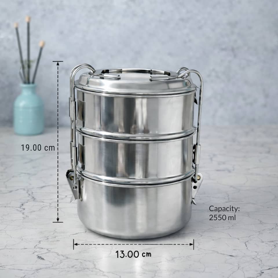 Stainless Steel Lunch Box 3 Compartment | Tiffin Box with Lid & Handle
