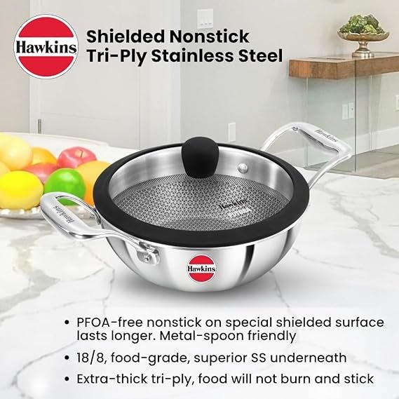 Hawkins Pro 1.5 Litre Shielded Nonstick Triply Deep-Fry Pan, Kadhai with Stainless Steel Handles and Glass Lid