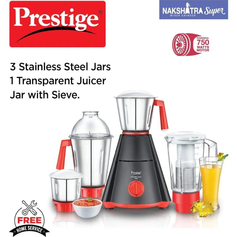 Prestige 750 Watts Nakshatra Super Mixer Grinder with 4 Jars (3 Stainless Steel Jars + 1 Juicer Jar)