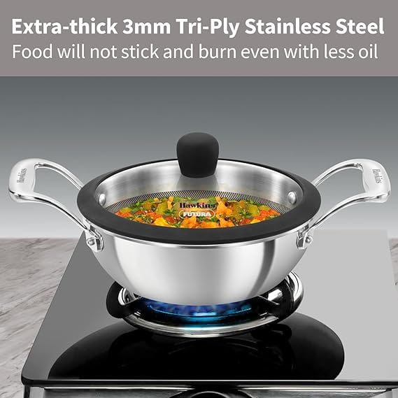 Hawkins Pro 1.5 Litre Shielded Nonstick Triply Deep-Fry Pan, Kadhai with Stainless Steel Handles and Glass Lid
