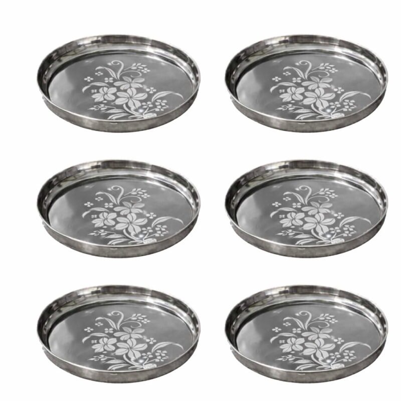 Stainless Steel Dinner Plate (Steel Thali) 26 cm – 22 Gauge Heavy Duty Mirror Finish with Floral Design – Perfect for Meals, Snacks & Daily Use