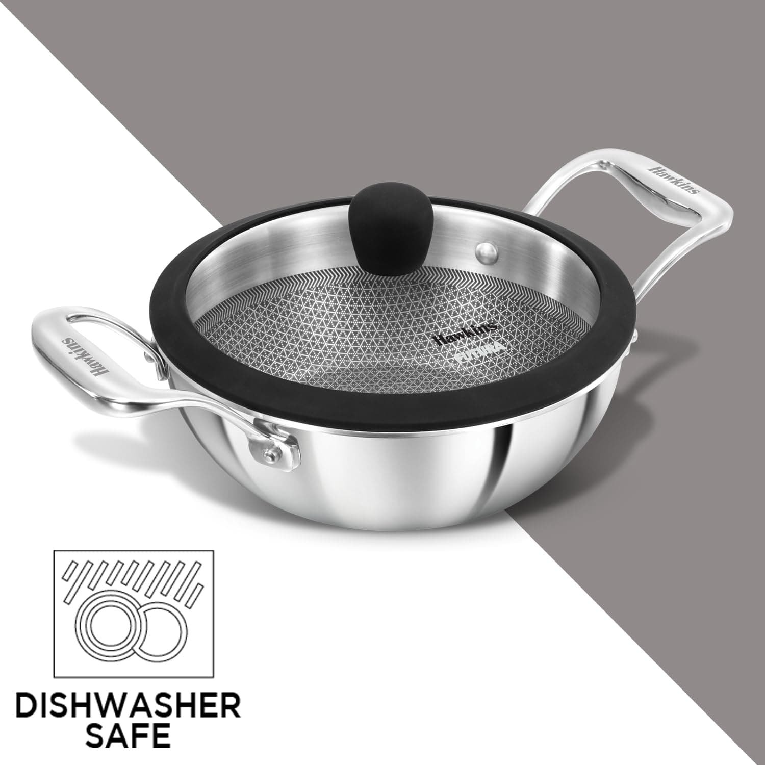 Hawkins Pro 1.5 Litre Shielded Nonstick Triply Deep-Fry Pan, Kadhai with Stainless Steel Handles and Glass Lid