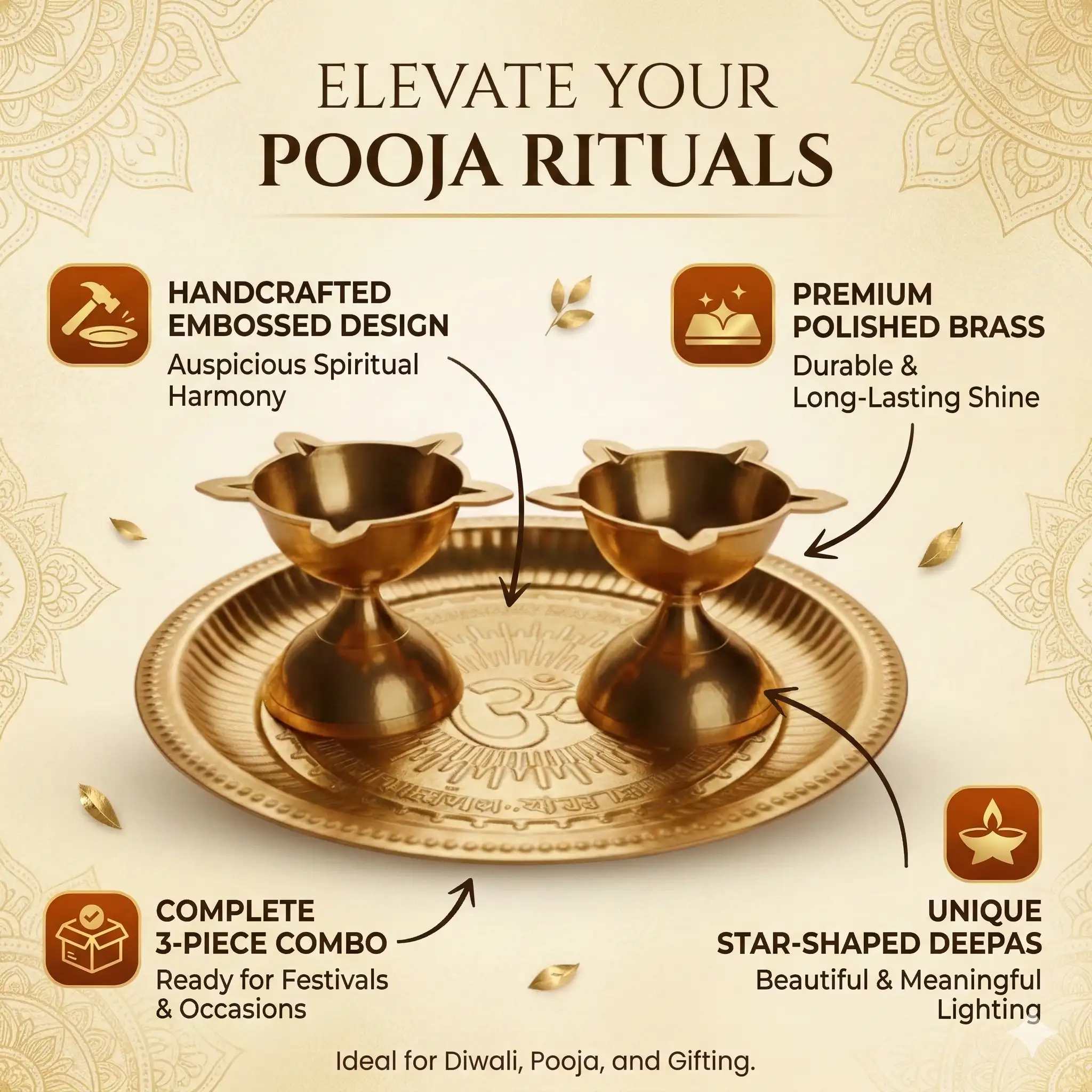 SF Om Brass Puja Thali Diya Combo Brass (3 Pieces, Gold)